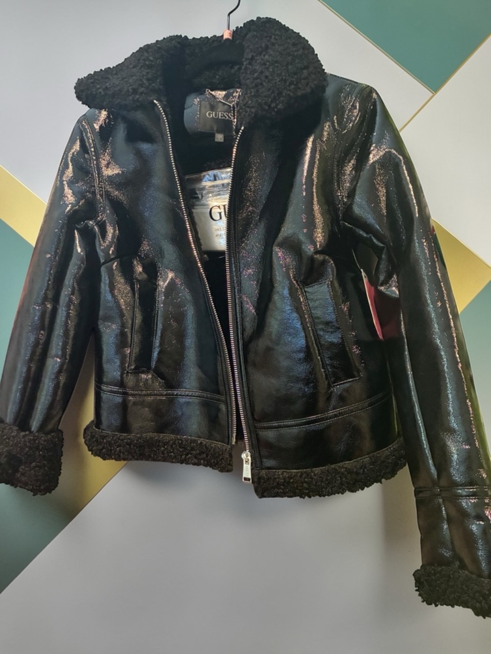 Guess Black Shiny Faux Leather Shearling Jacket